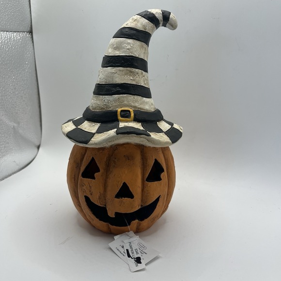 Halloween Pumpkin Lantern Mud Pie Hand Carved Wood 9x5" Striped Witches Hat NWT - Picture 1 of 10